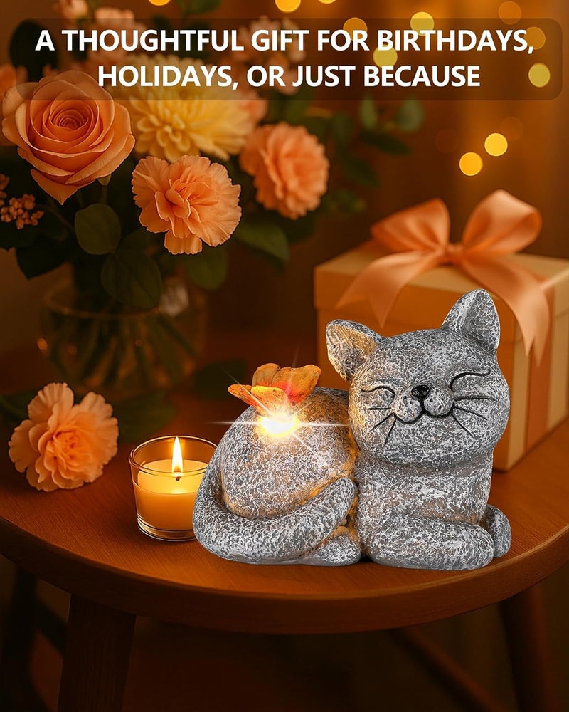 GoGnome Solar Cat Garden Statue with Butterfly Light – 5-Inch Outdoor Resin Figurine for Yard, Patio, Balcony – Gifts for Women, Garden Decor Accent (Cat) - Image 5